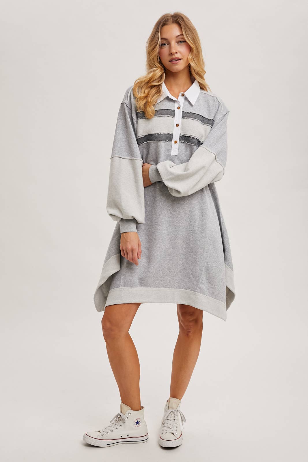 RAW-EDGE CONTRAST SLOUCHY POLO DRESS