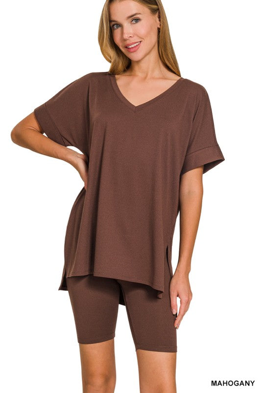 V-neck Top & Biker Shorts Set