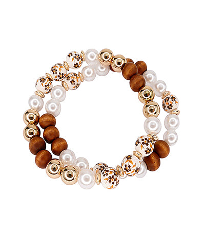 2 Row Ceramic & Wood Ball Bracelet