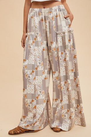 Patchwork Print Wide-leg Pants