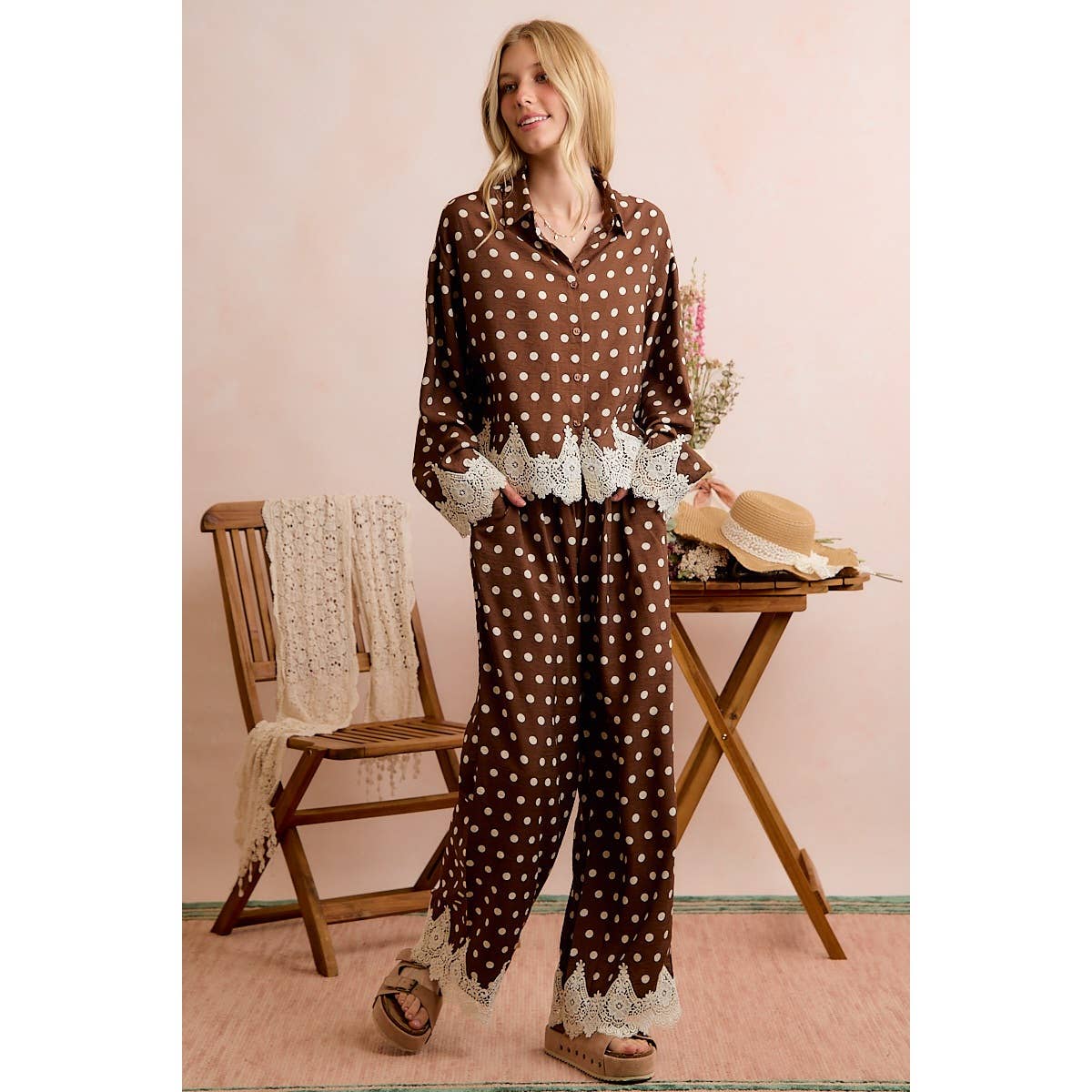 POLKA DOT WOVEN CROCHET LACE PANTS SET