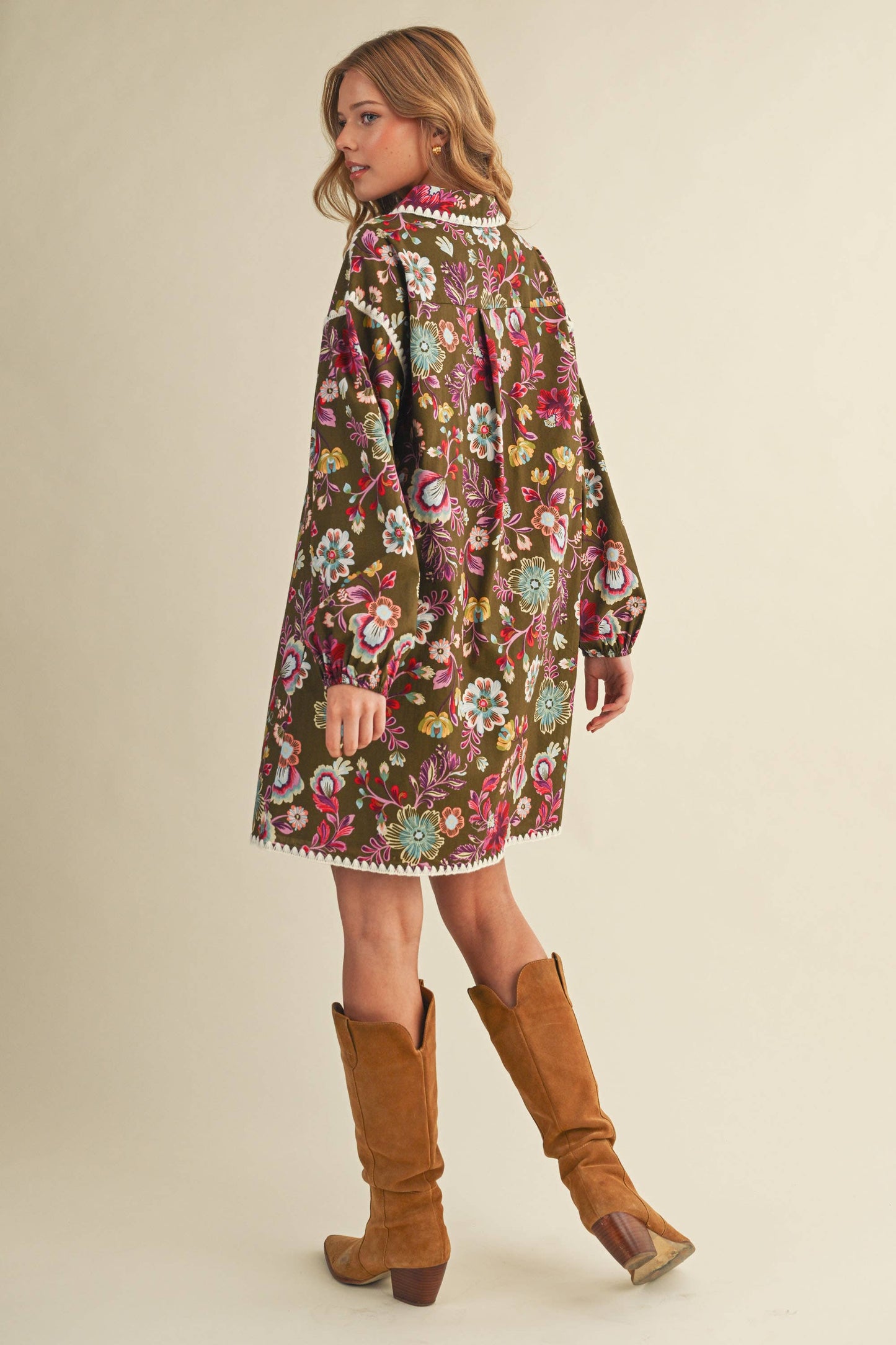 EXCLUSIVE PRINT BLANKET STITCH BUTTONED MINI DRESS