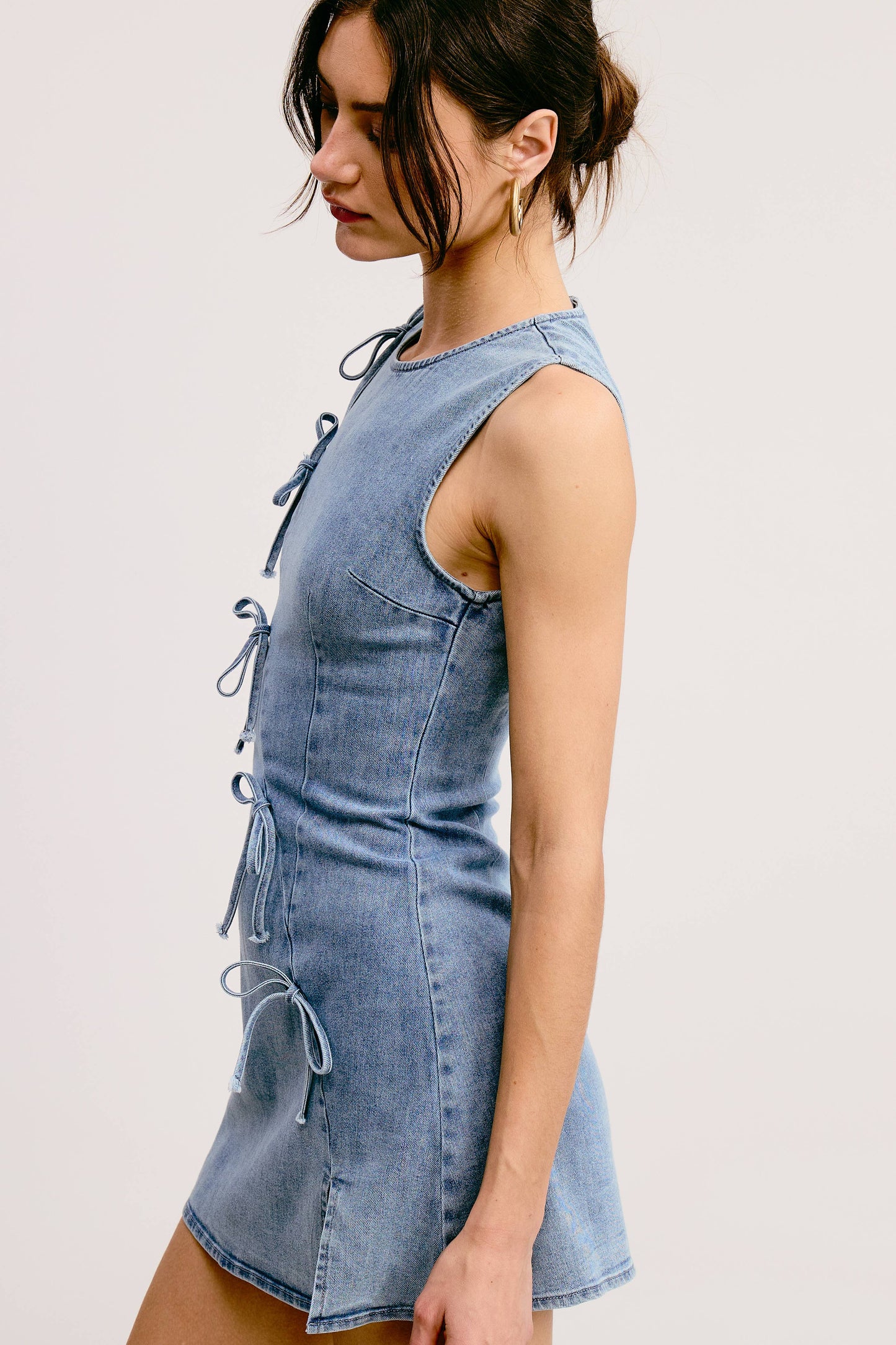Diagonal Ribbon Bow Denim Mini Dress