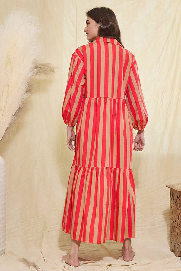 Striped Print Tiered Midi Shirt Dress
