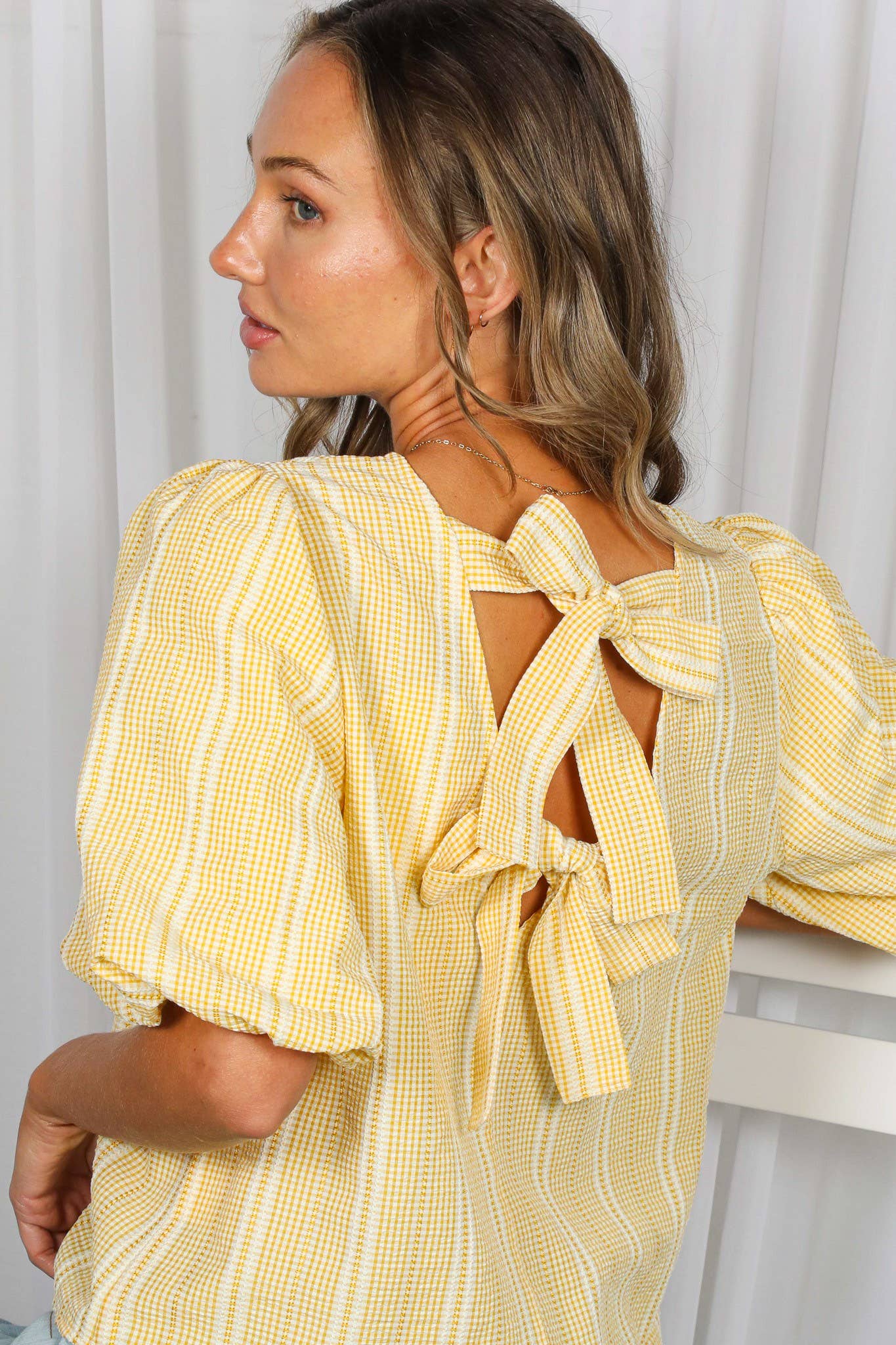 V-Back 2 Bow Accent Plaid Blouse Top