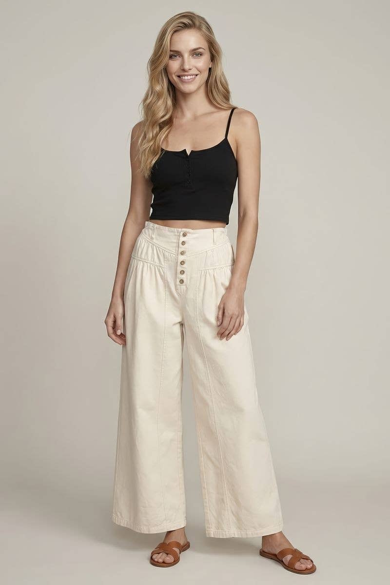 COTTON TWILL WIDE LEG PANTS