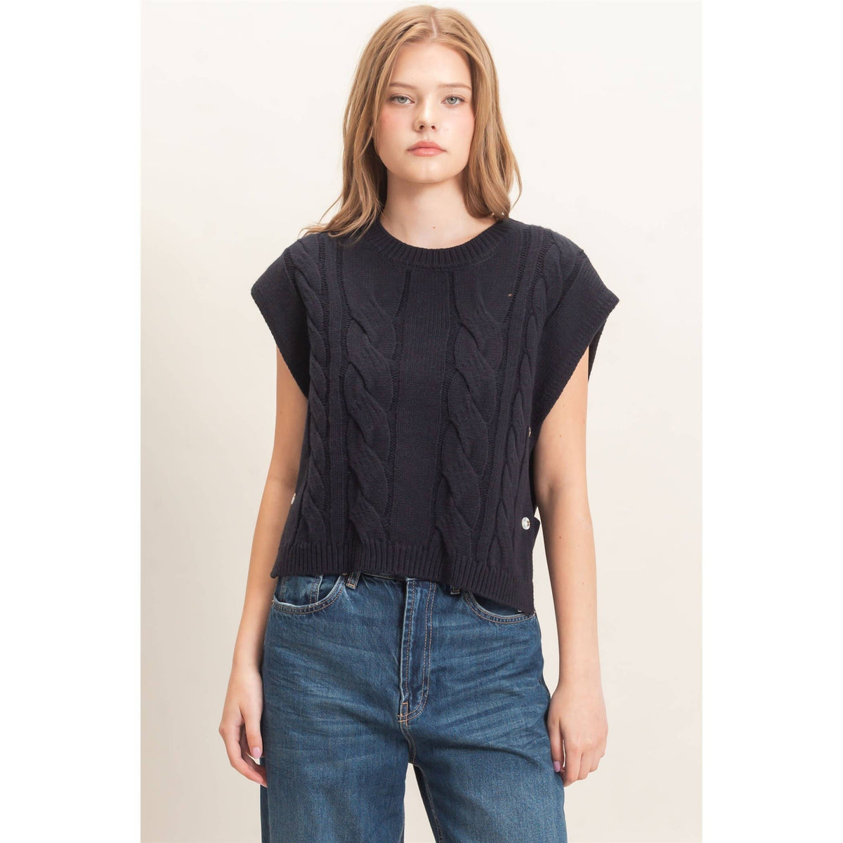 Cable Knit Vest With Side Buttons