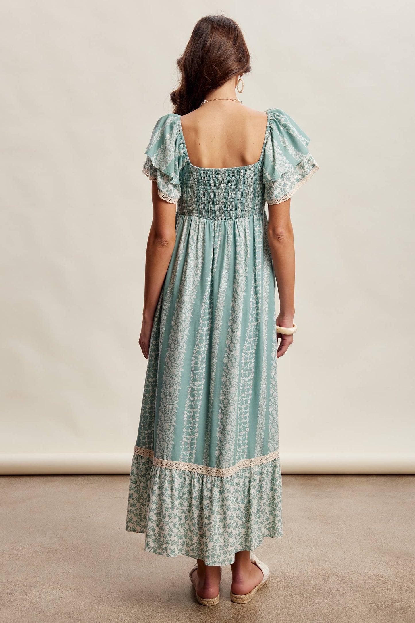 Floral Border Print Flutter Sleeve Maxi Dress
