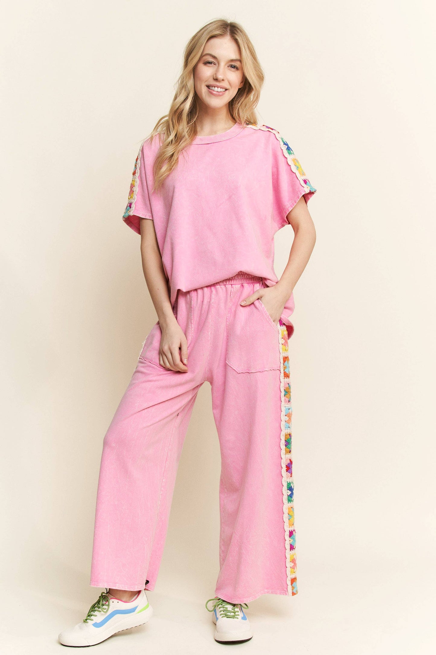 Mineral Washed Crochet Side Trim Pants