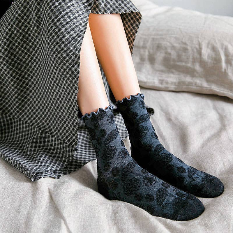 Vintage Embossed Floral Ruffle Cuff Mid Calf Socks