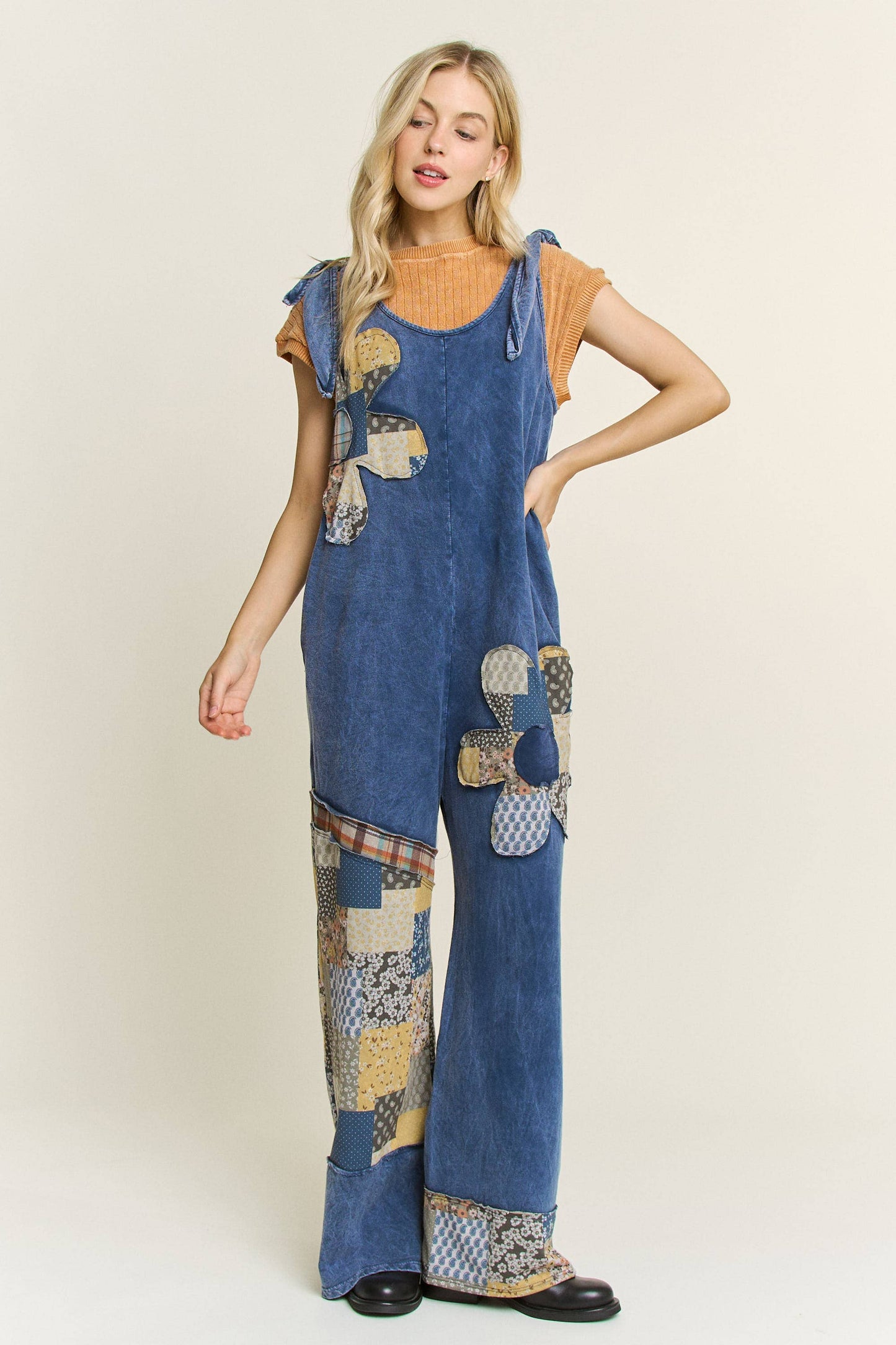 Mineral Washed Daisy Patchwork Tie Jumpsuit