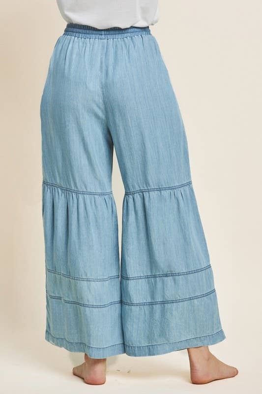 Plus Washed Denim Tiered Wide Leg Pants