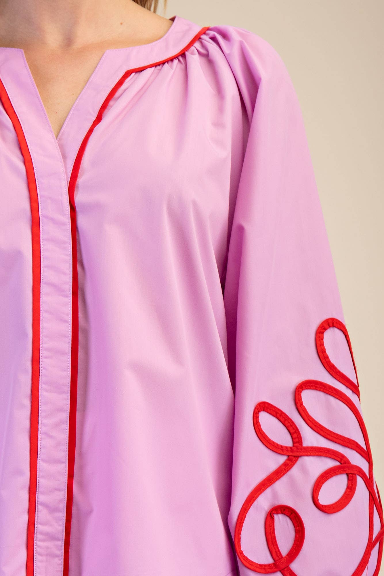 Soutache Contrast Detail Puff Sleeve Blouse