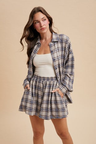 Crinkle Gauze Plaid Pintuck Shorts Set