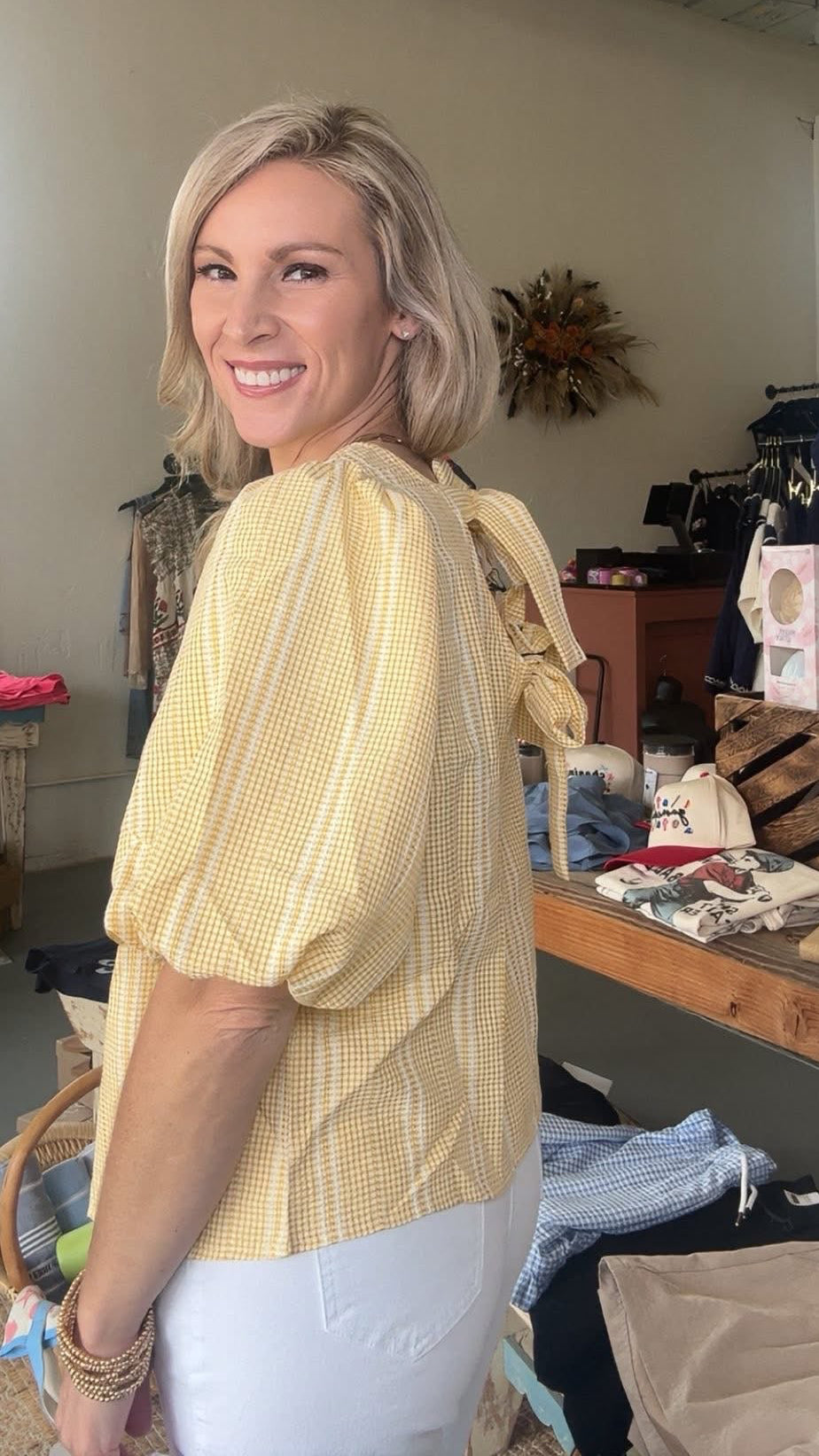 V-Back 2 Bow Accent Plaid Blouse Top