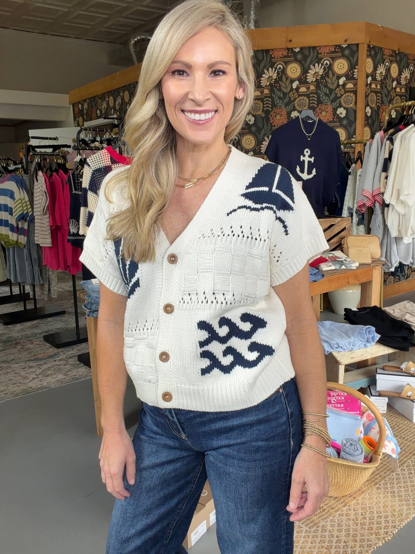 MARINE MOTIF SHORT SLEEVE KNIT CARDIGAN