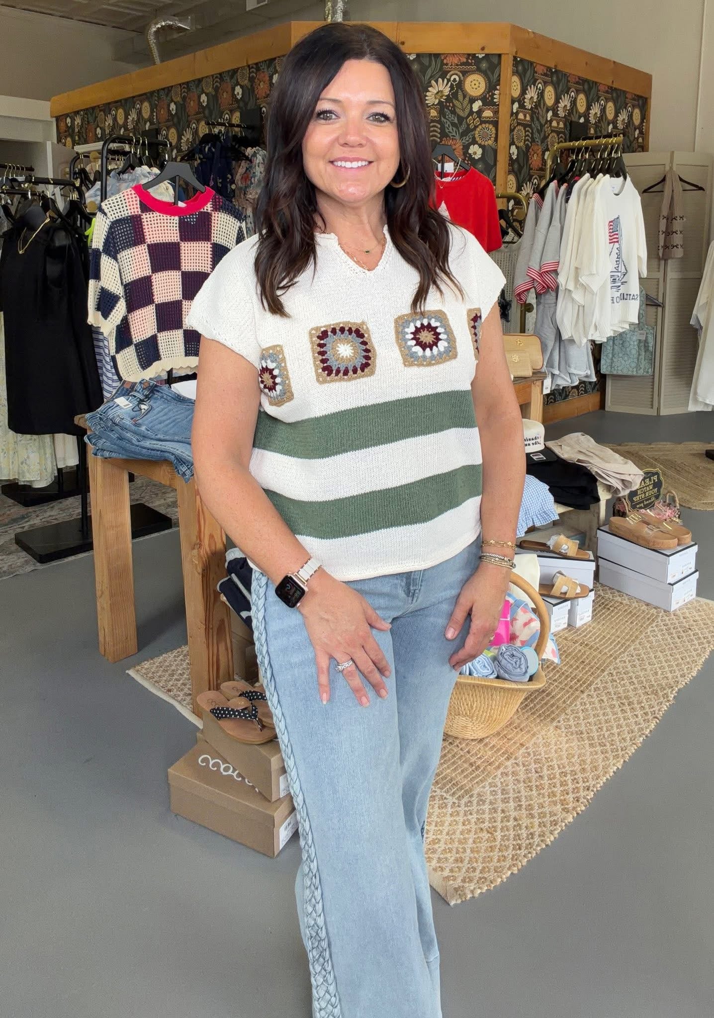 Granny Square Striped Sweater