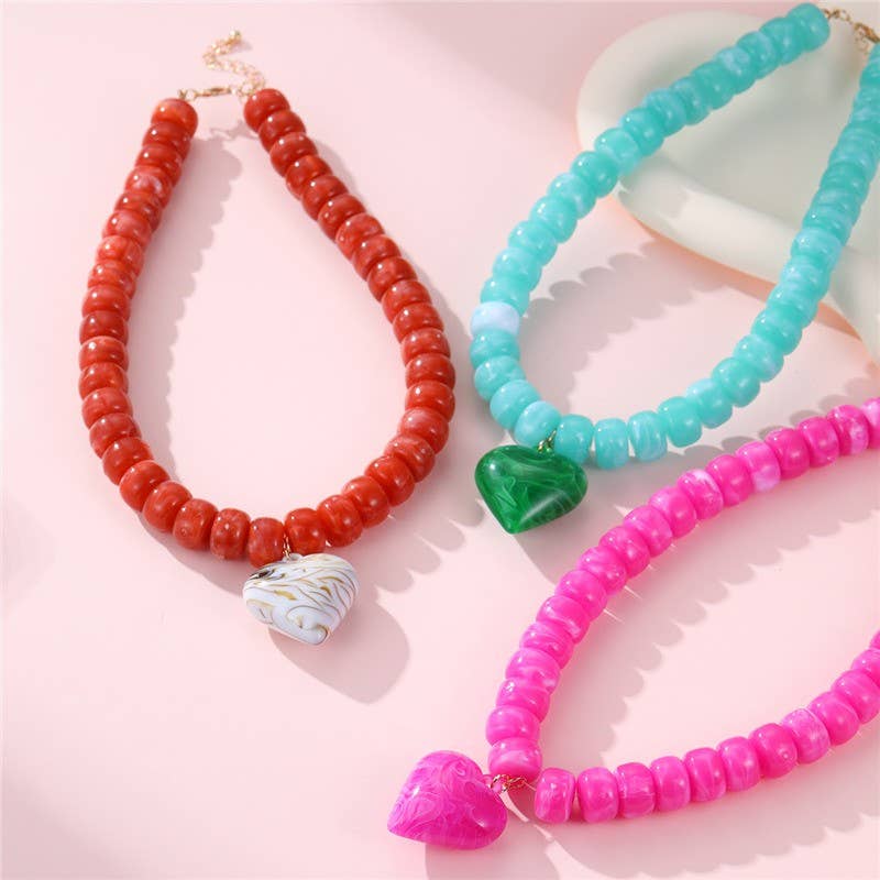 Heart Pendant Resin Beaded Necklaces