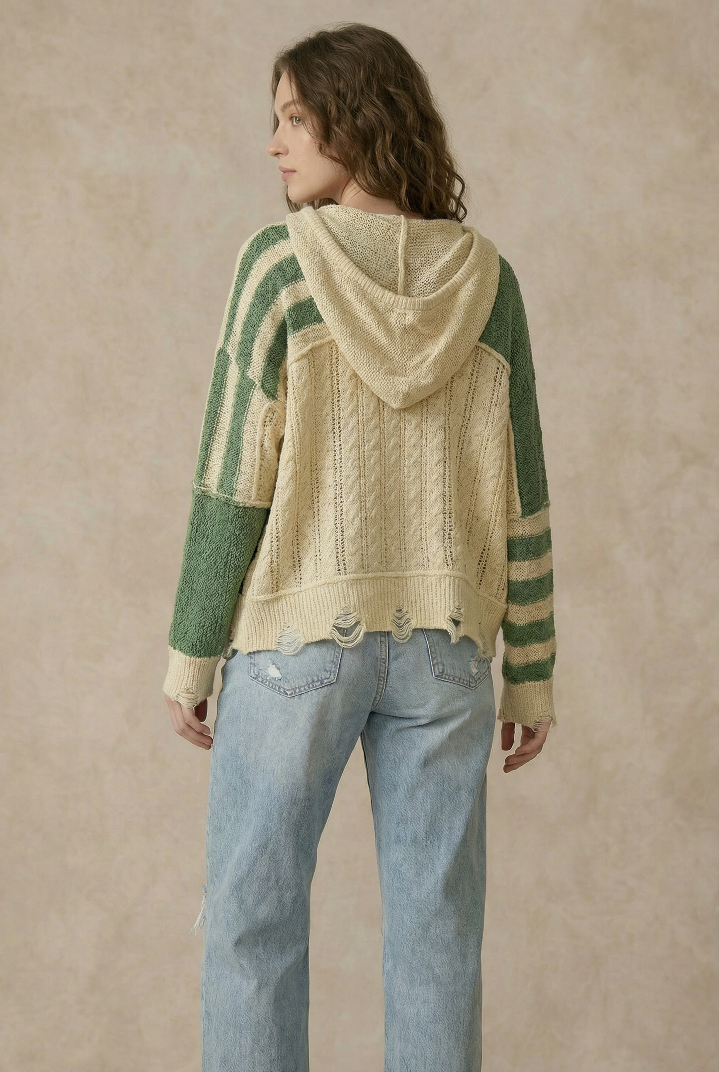 Stripe Distressed Knit Hoodie