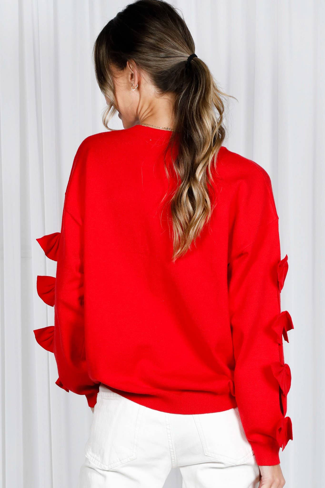 Bow Embellished Crew Neck Knit Sweater