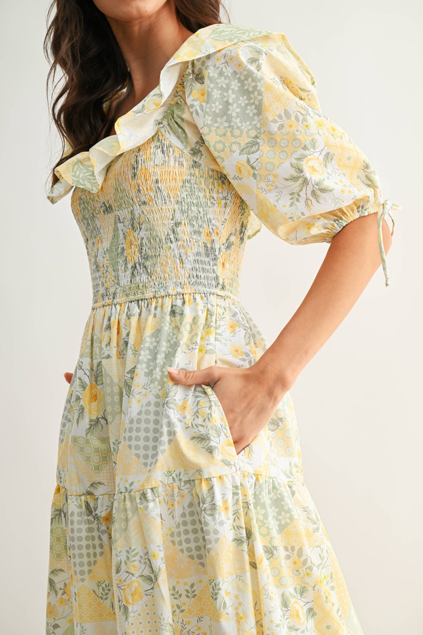 Sunshine Patchwork Smocked Midi Dress