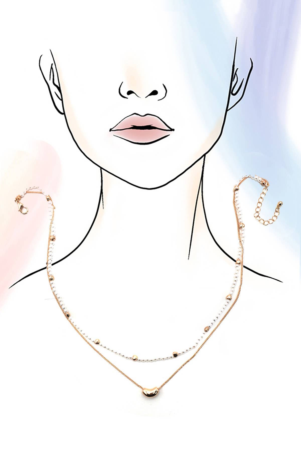 DOUBLE LAYER PEARL GOLD CHAIN BEAN CHARM NECKLACE