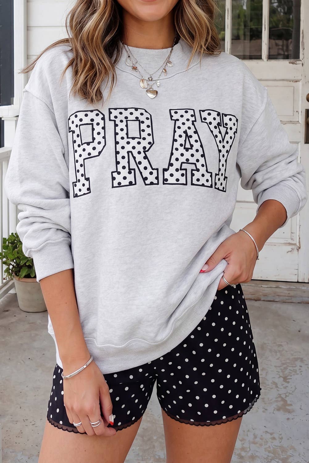PRAY Polka Dot Embroidered Mock Neck Sweatshirt