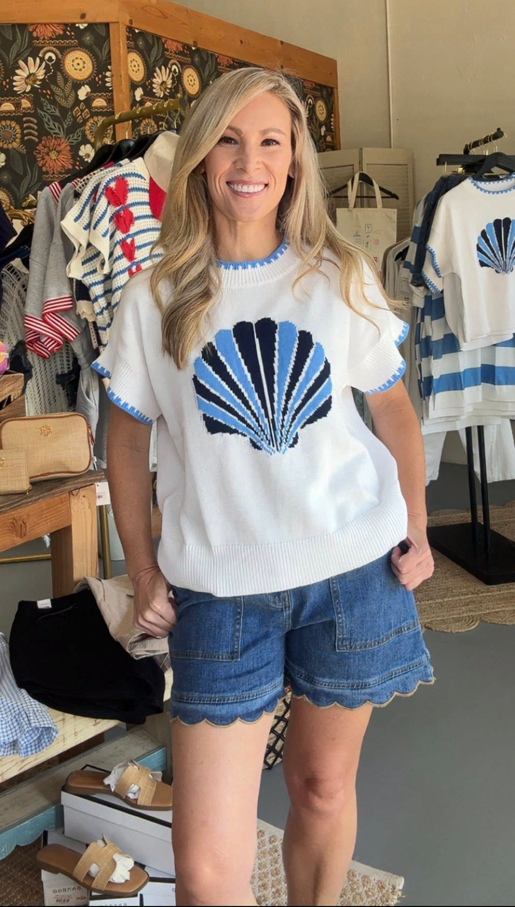 Scallop Button-Side Stretch Denim Shorts