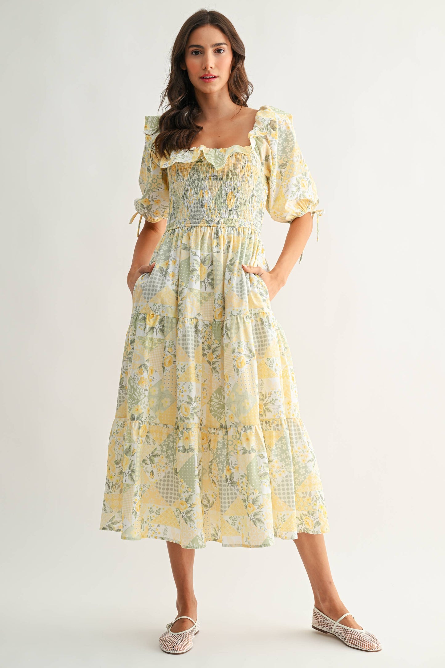 Sunshine Patchwork Smocked Midi Dress
