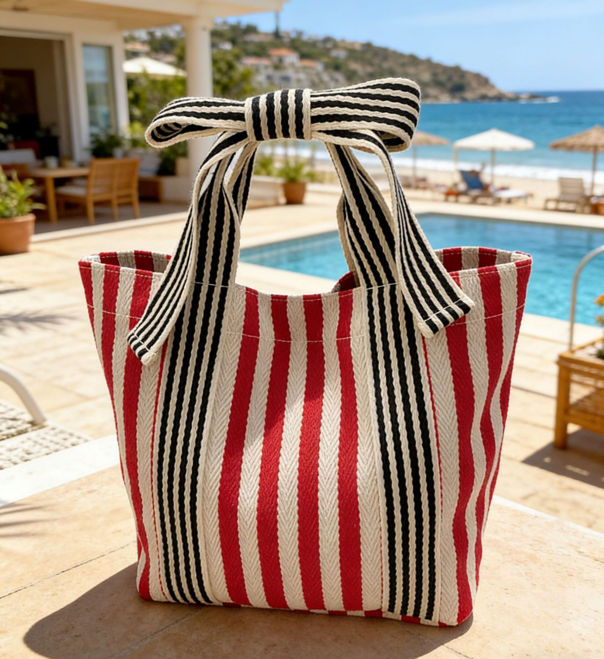 Canvas Striped Tote Bow Handbag