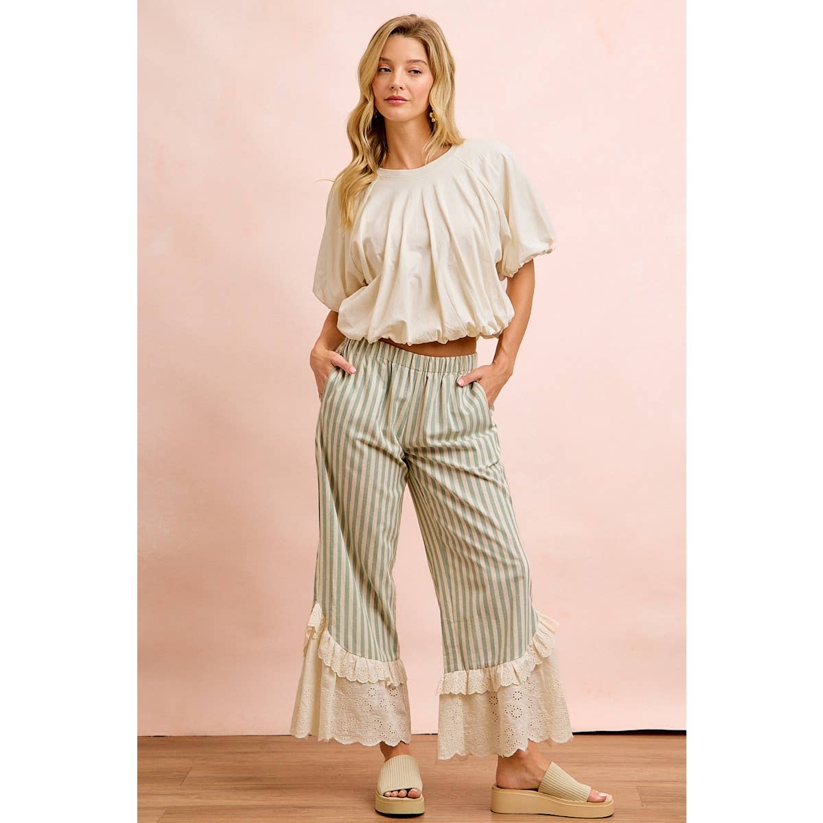 STRIPE WOVEN RUFFLED LACE HEM PANTS WITH SIDE POCKET