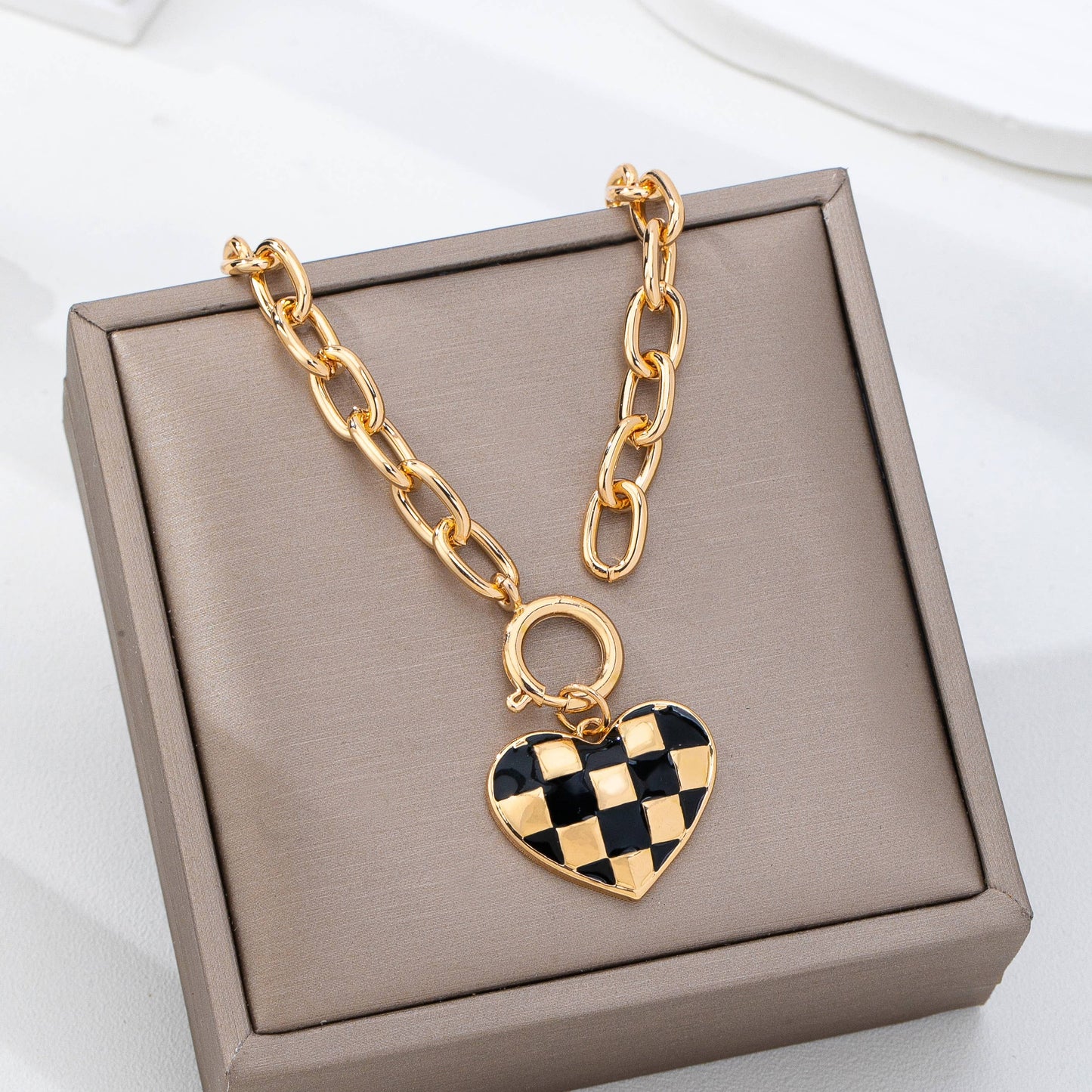 Checkered Heart Toggle Necklace