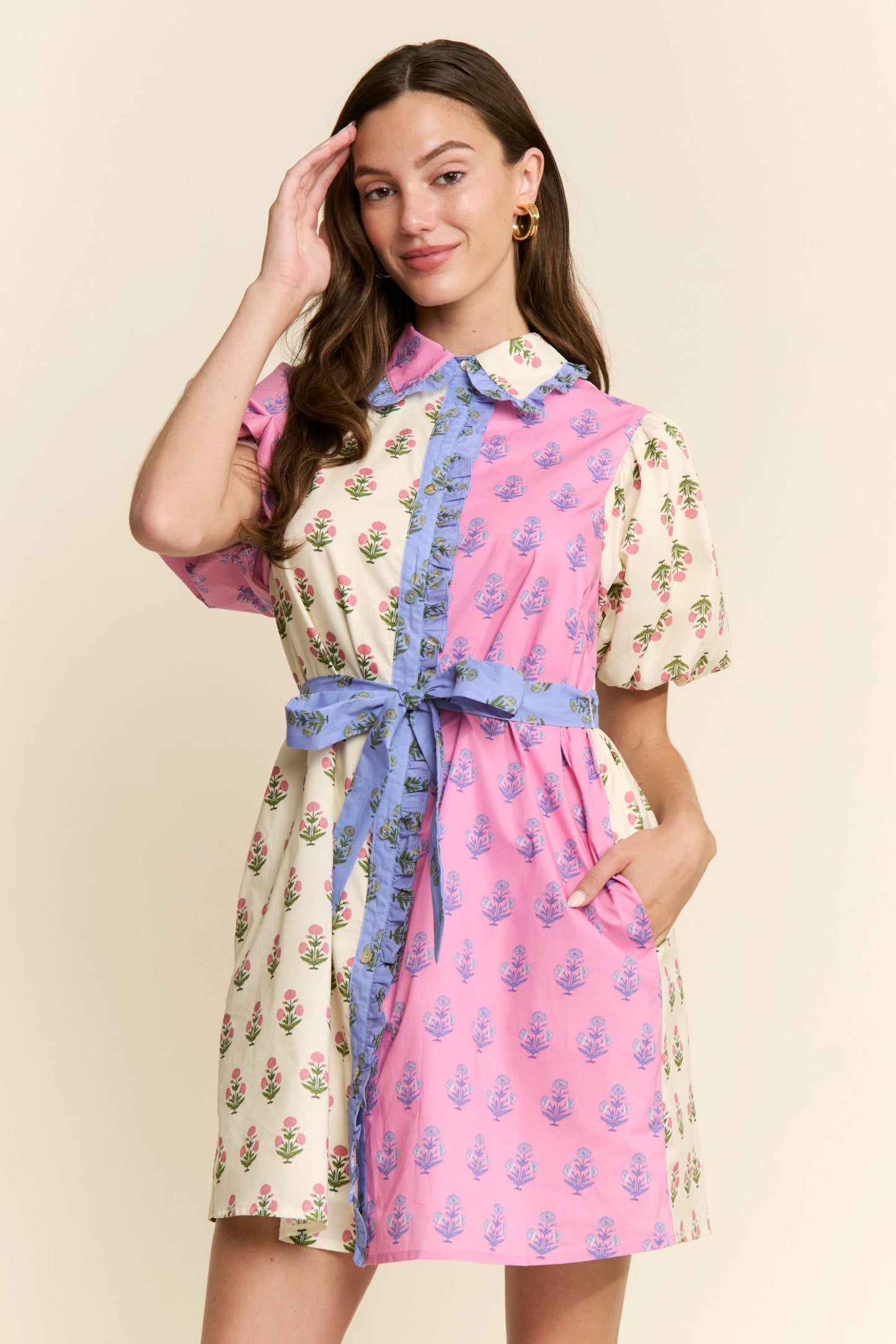 FLORAL PRINT COLOR BLOCK DRESS