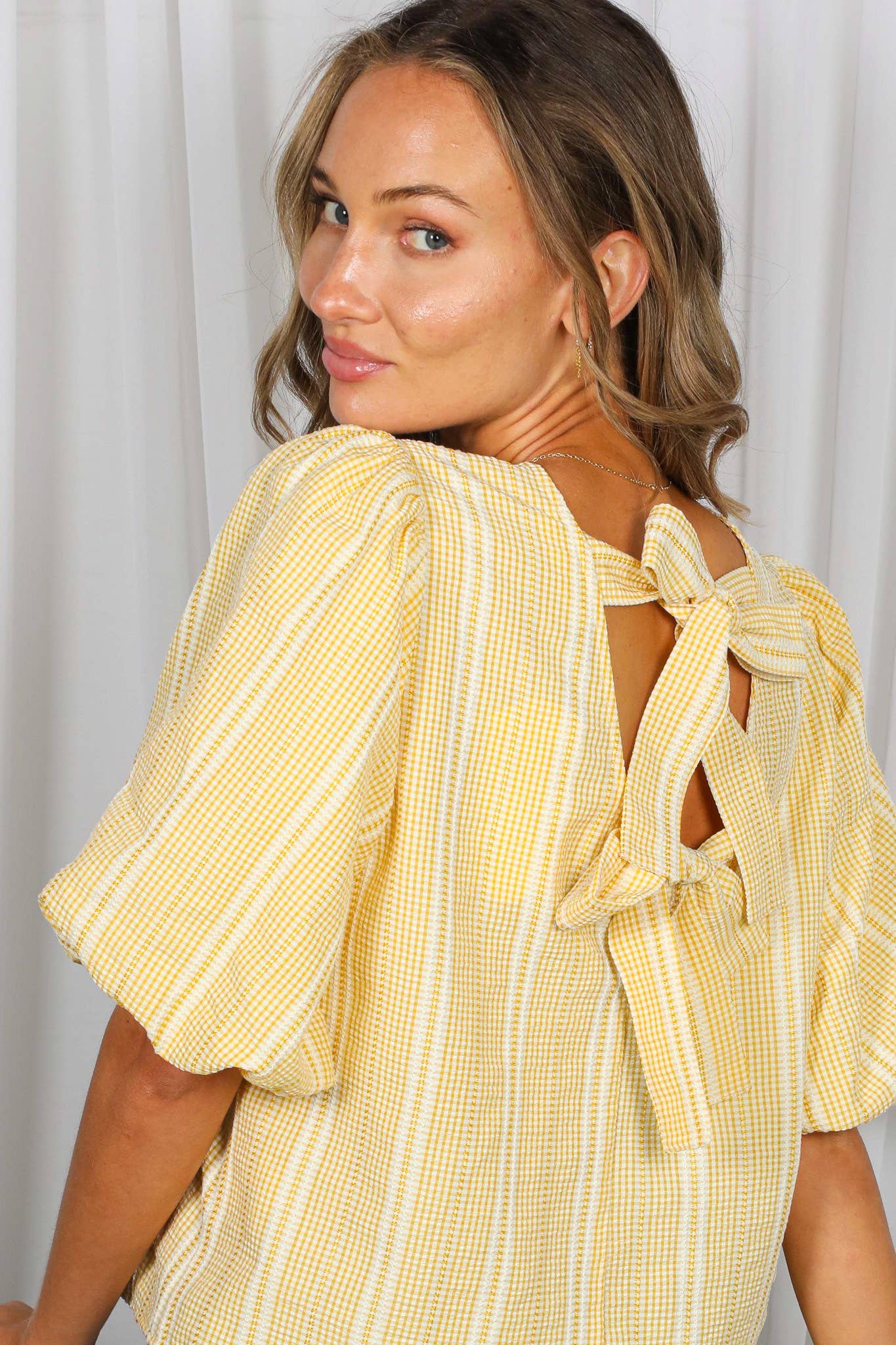 V-Back 2 Bow Accent Plaid Blouse Top