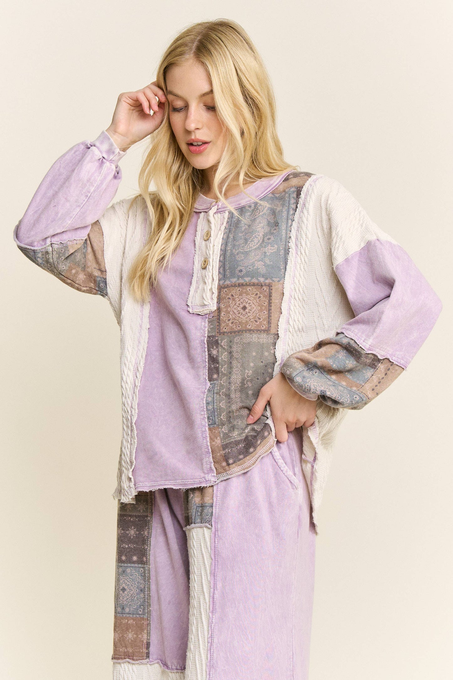 Mineral Washed Bandana Patchwork  Sweater Top