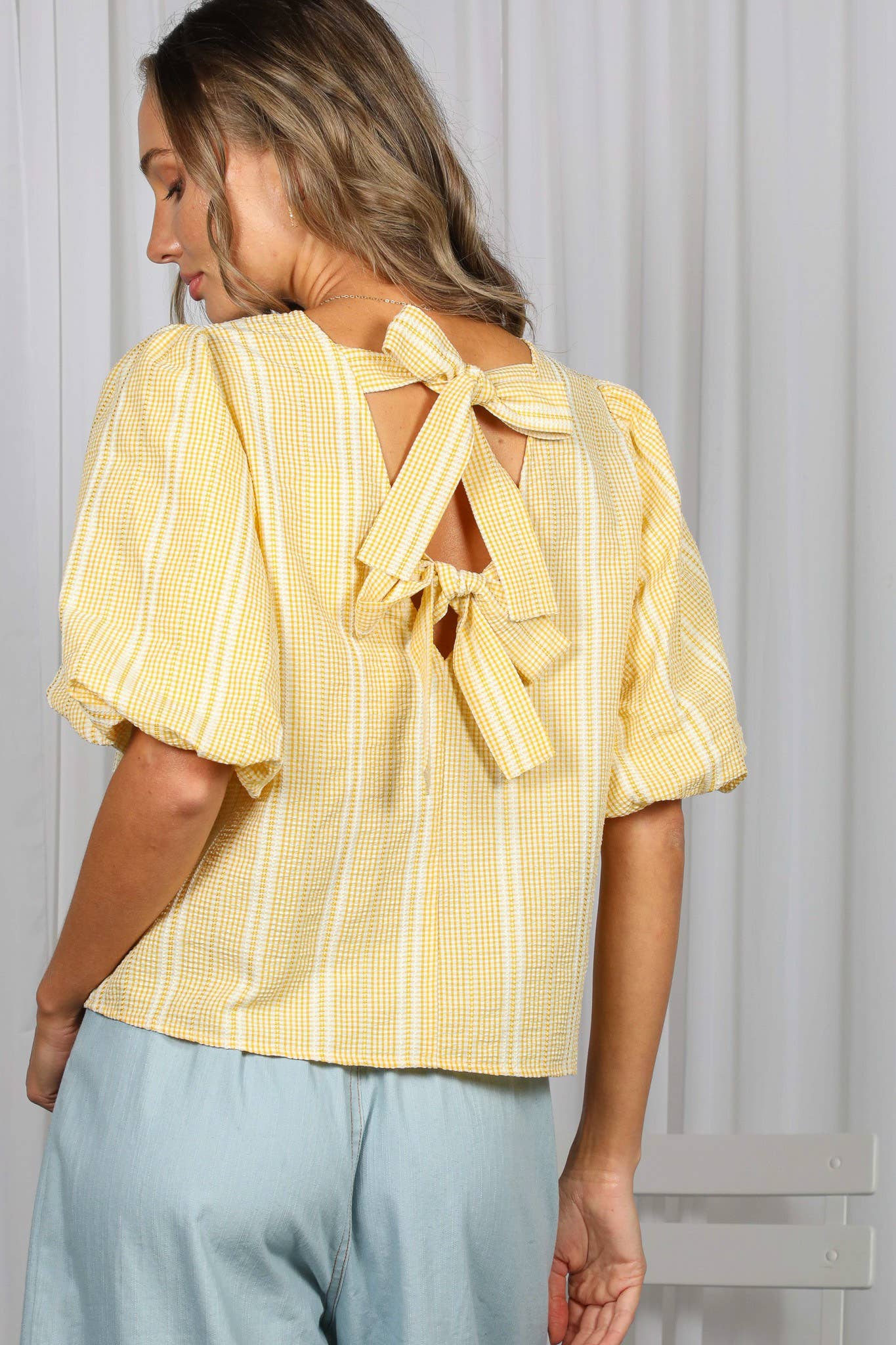 V-Back 2 Bow Accent Plaid Blouse Top