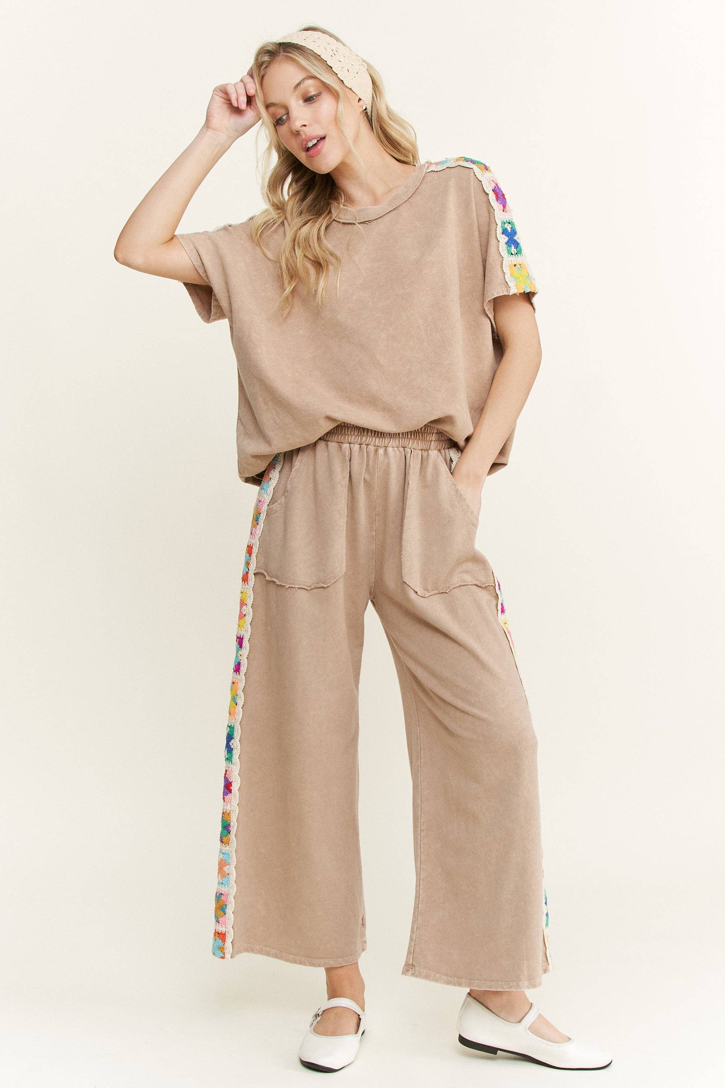 Mineral Washed Crochet Side Trim Top