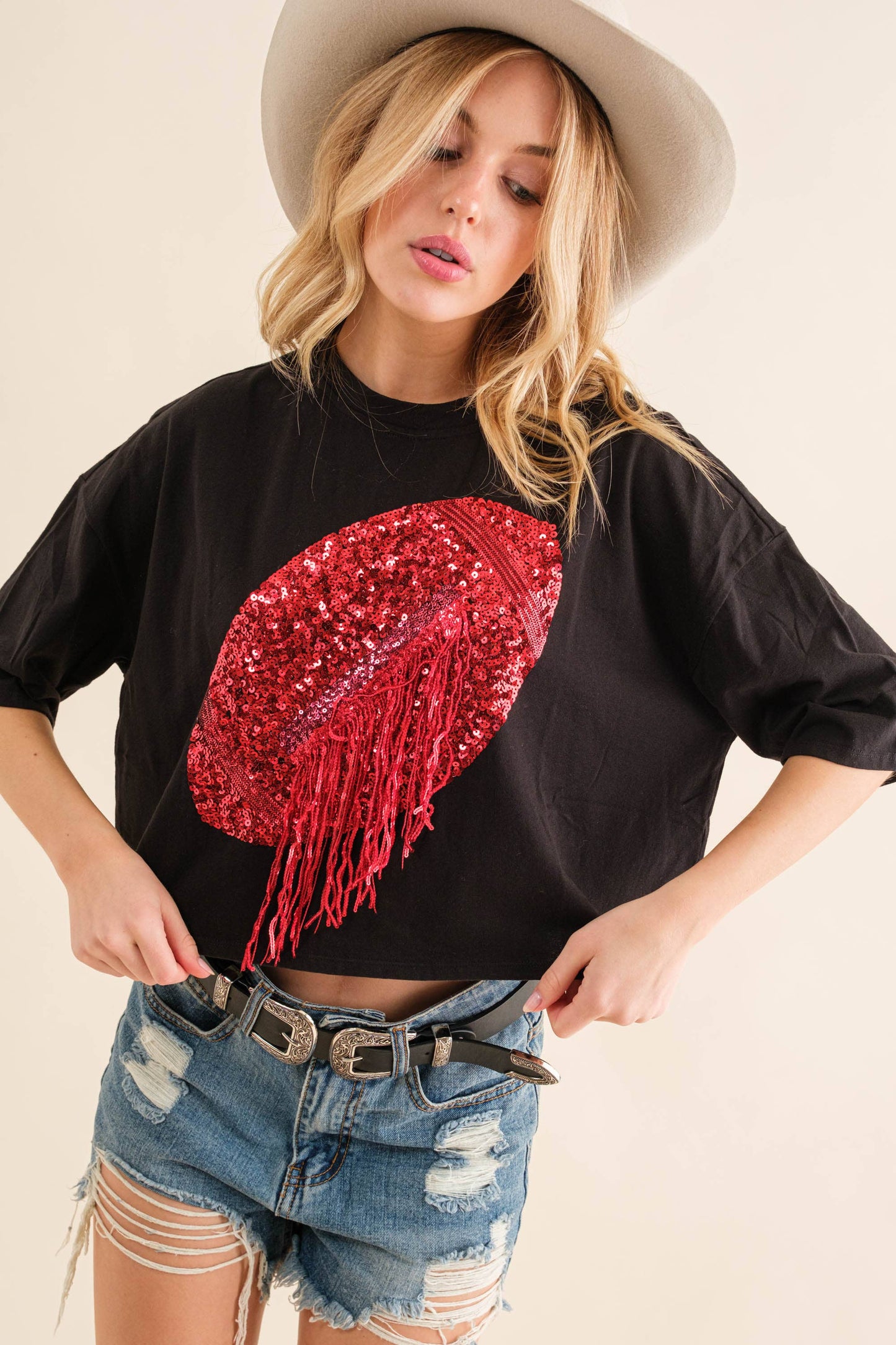 Embellished Sequin Game Day Graphic Crop Tee