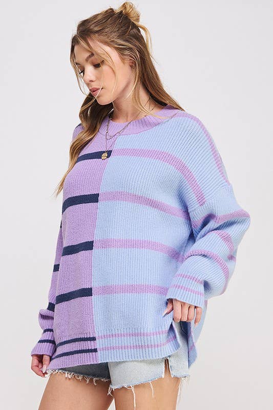 ROUND NECK STRIPED COLOR BLOCK SWEATER