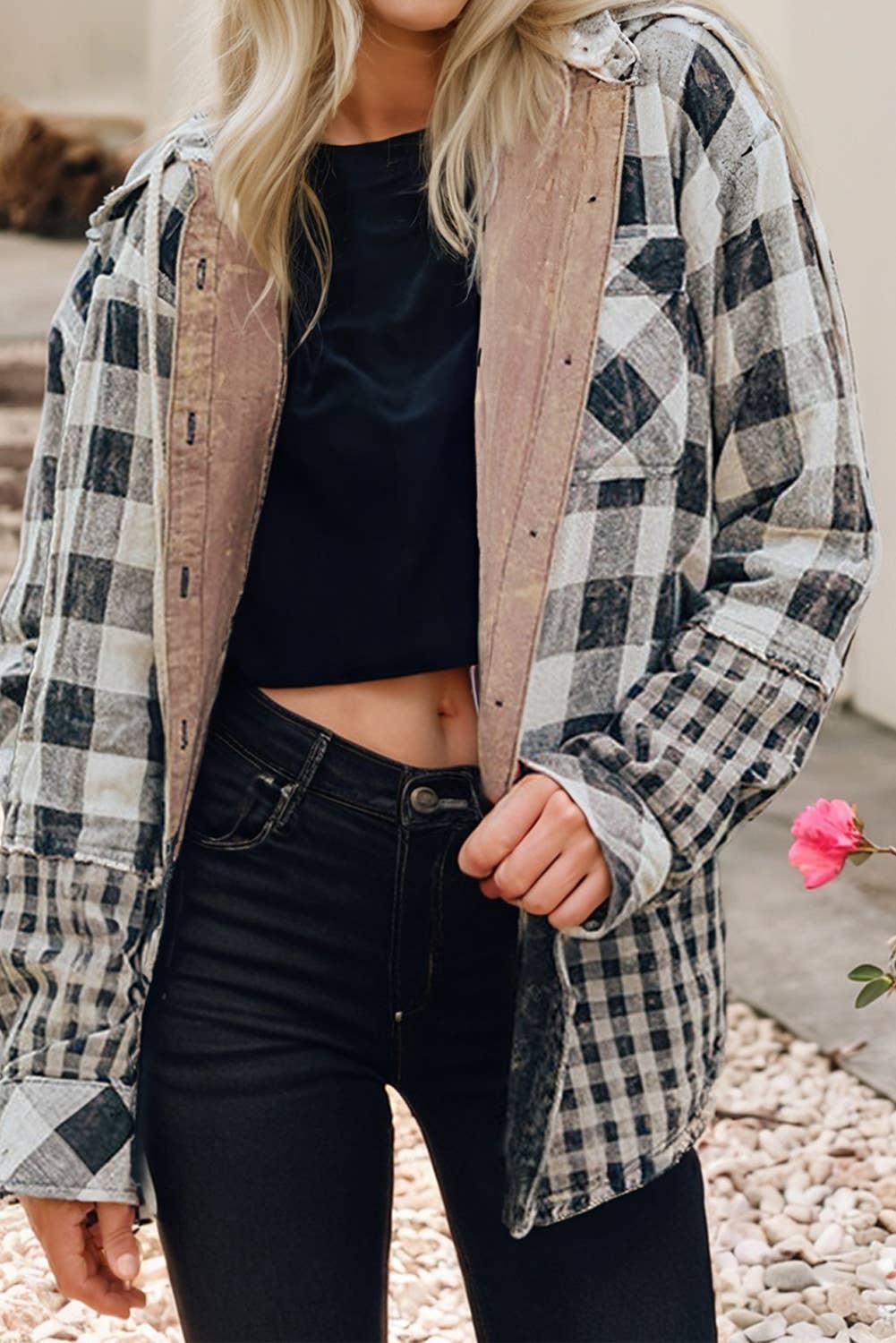 Double Plaid Patchwork Drawstring Hooded Shacket