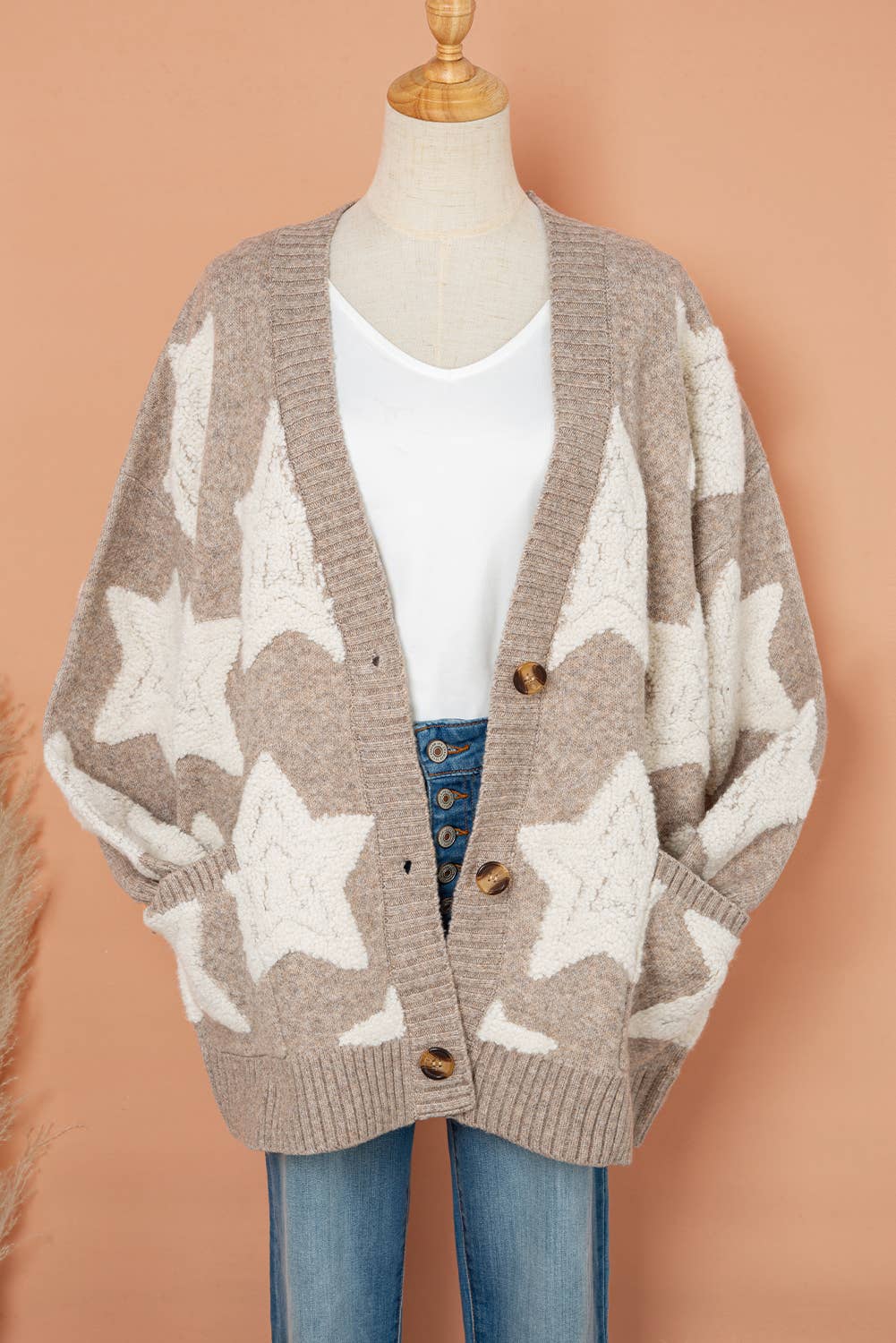 Star Pattern * Pockets Long Sleeve Knit Cardigan