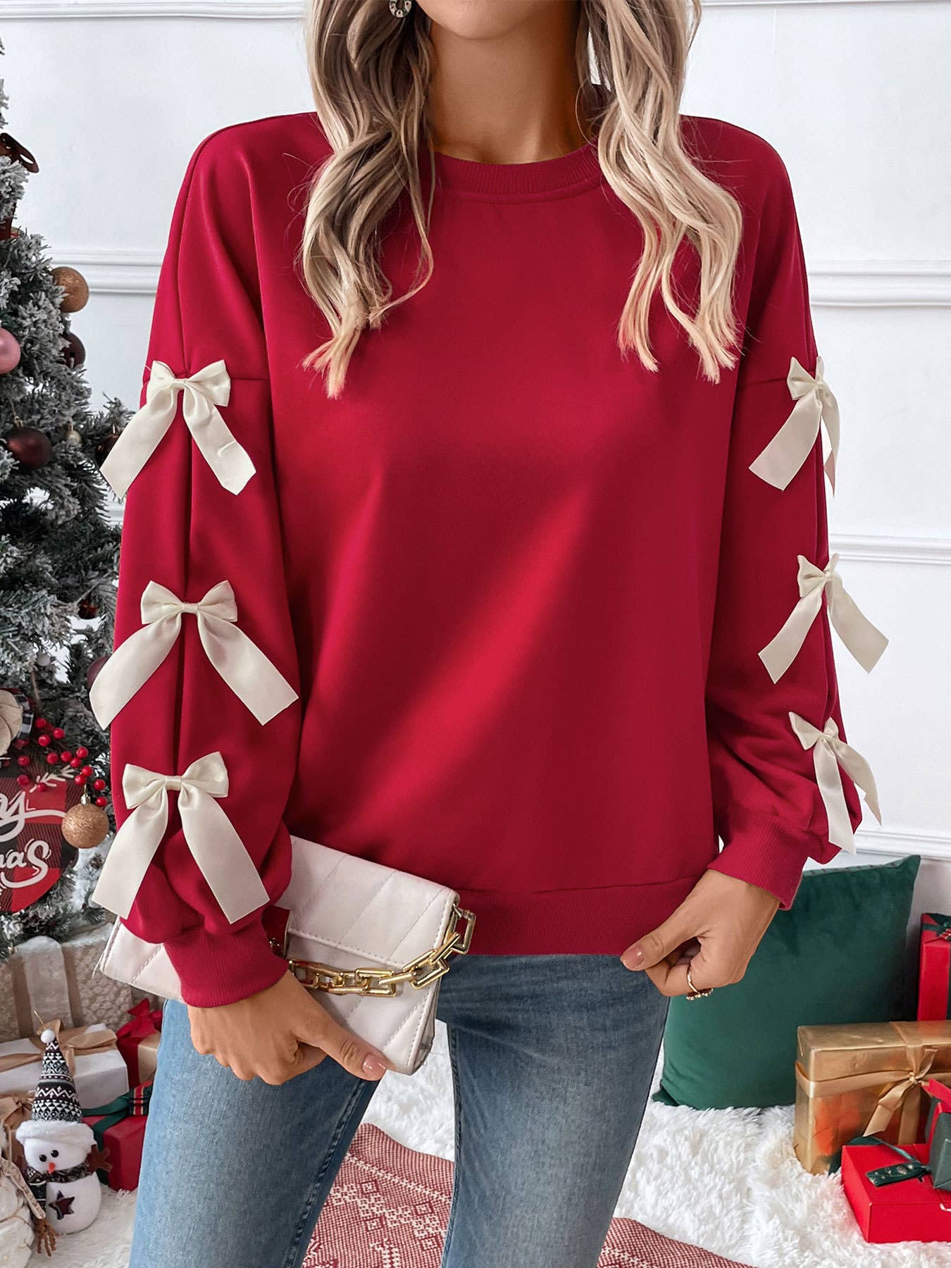 Valentine's Day Crew Neck Bow Red Sweatshirt