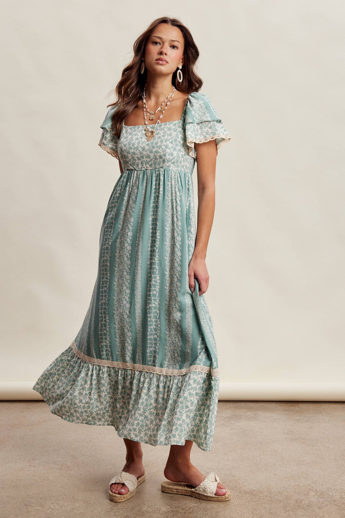 Floral Border Print Flutter Sleeve Maxi Dress