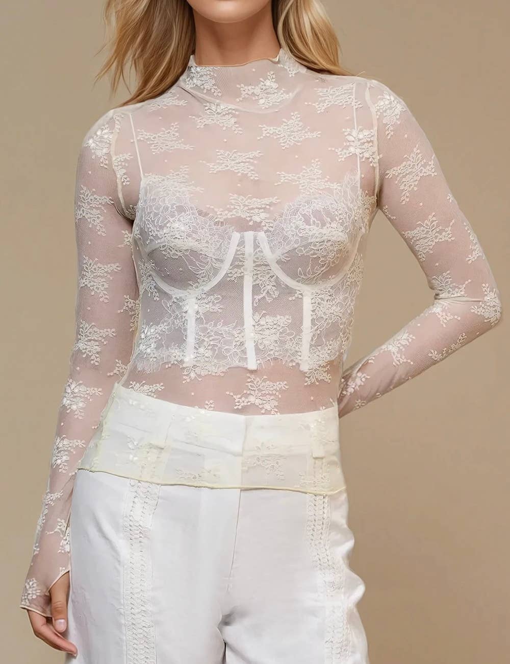 Floral Lace See Through Mesh Top Blouse
