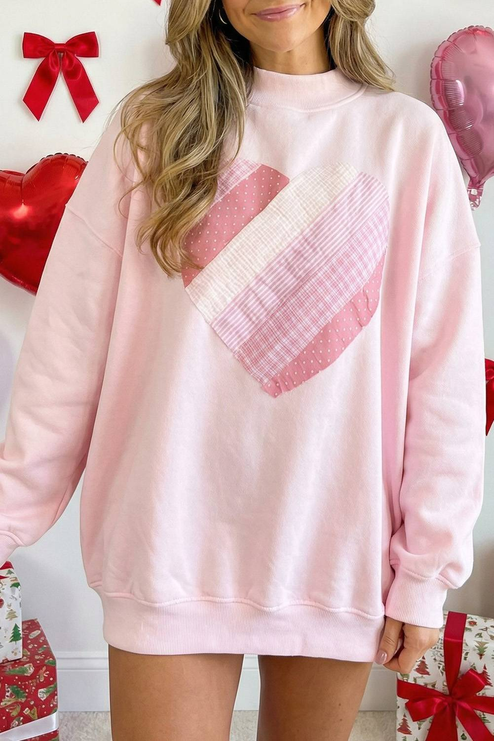 Valentine Sweetheart Patchwork Oversize Mock Neck Sweatshirt