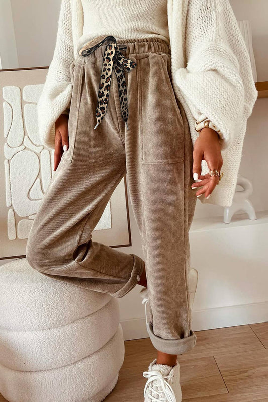 Corduroy Leopard Drawstring High Waist Trousers Sweatpants