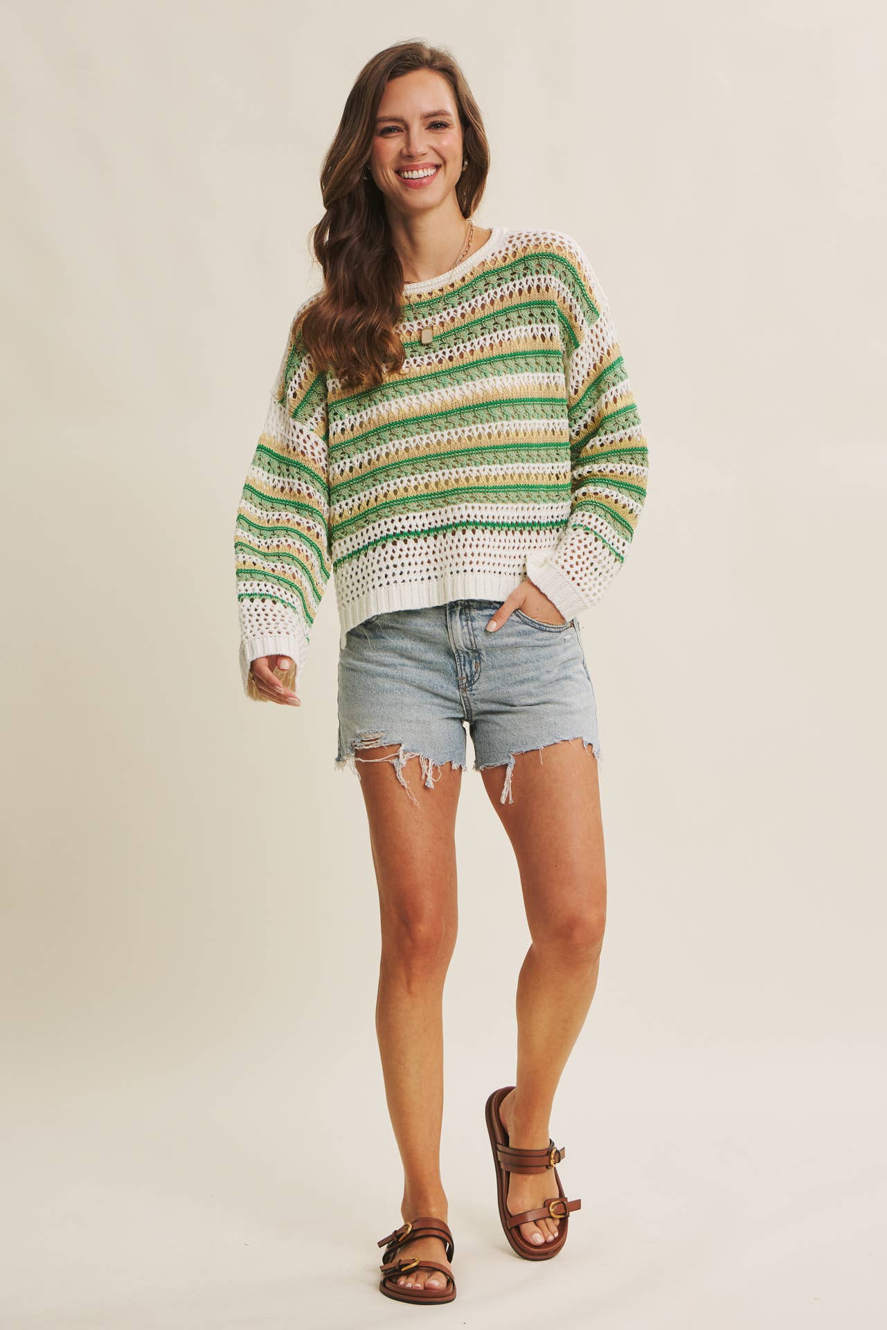 MULTI STRIPE GREEN CROCHET SWEATER TOP