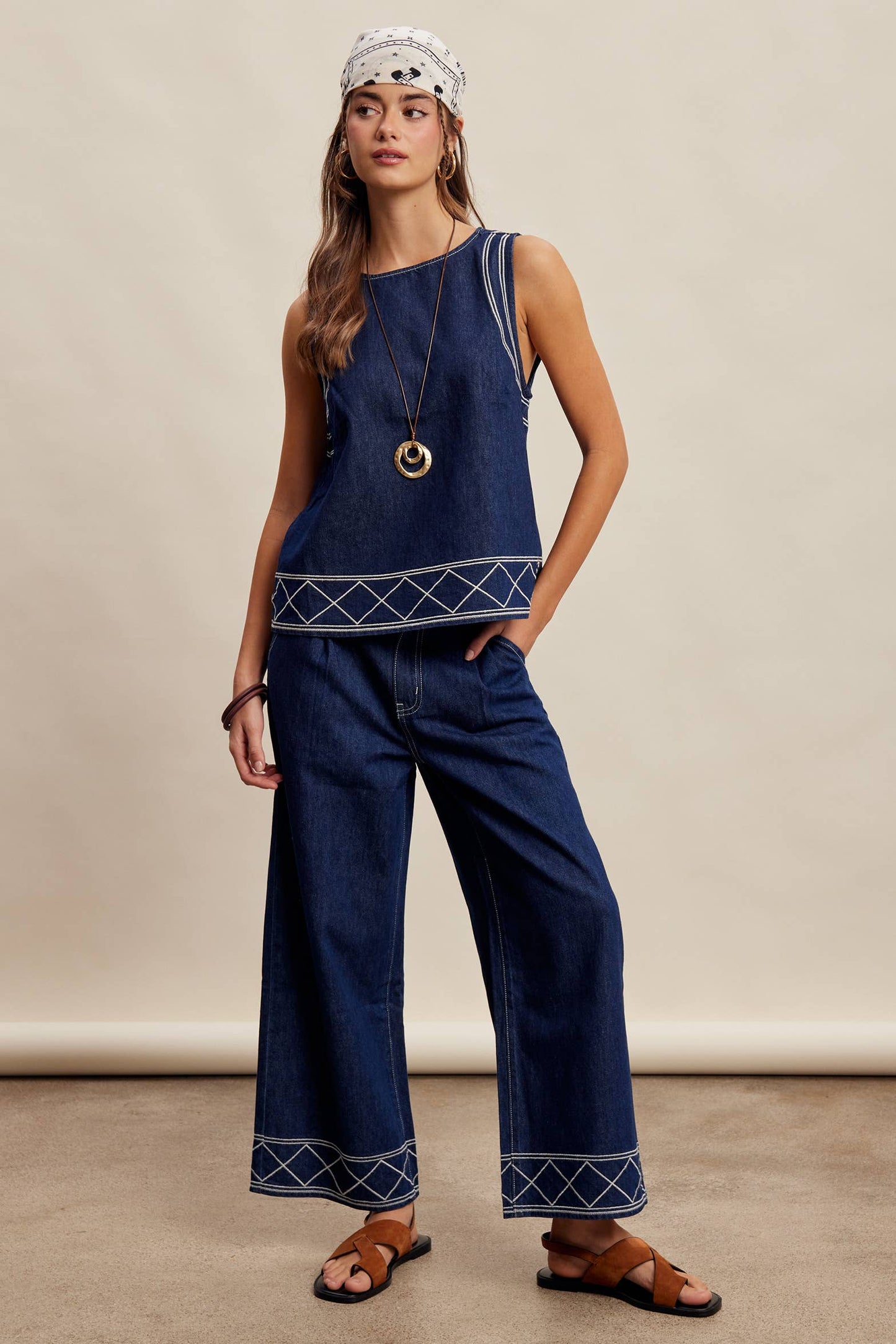 Embroidered Denim Tank & Wide-Leg Pants Set