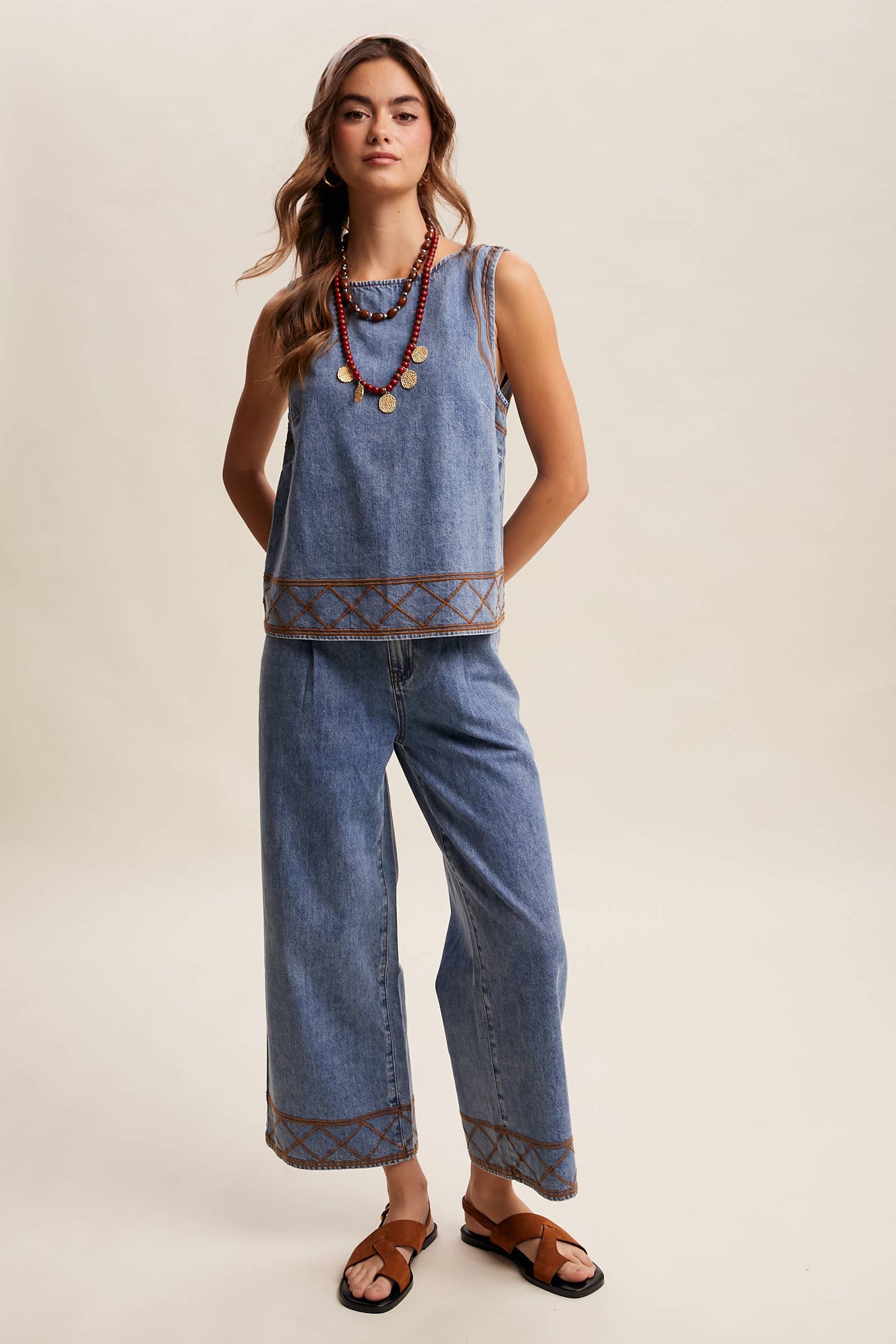 Embroidered Denim Tank & Wide-Leg Pants Set