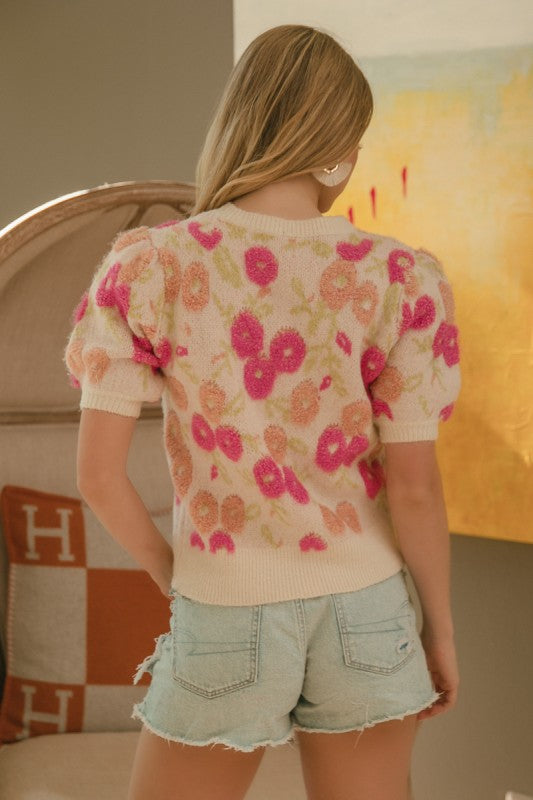 Floral Pattern Puff Sleeve Sweater Top